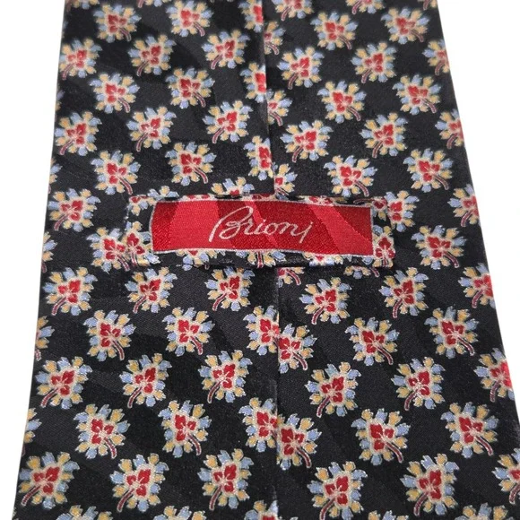 Brioni Silk Necktie Mens Black Floral Geometric Hand Made Italy D060404 Long